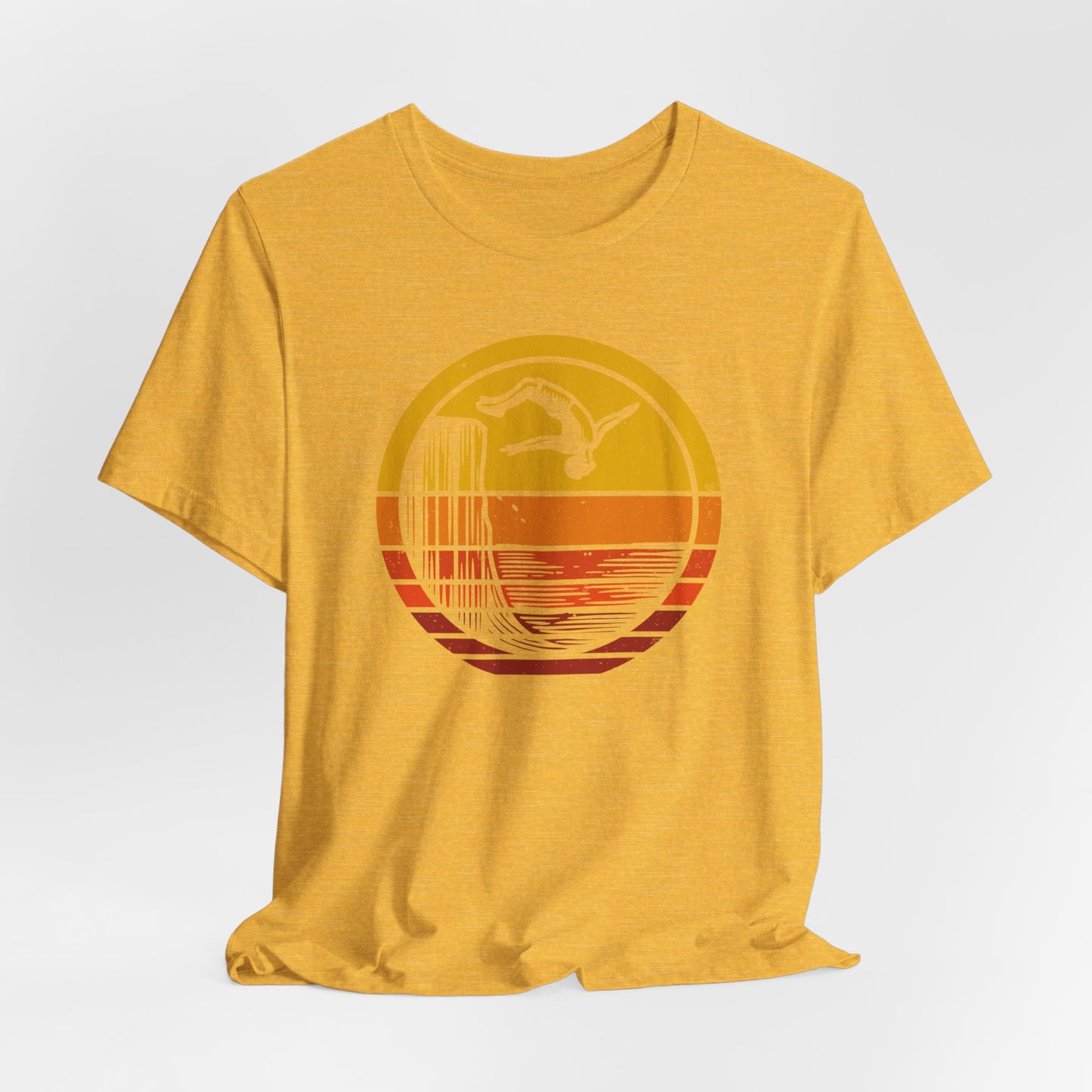 Retro Sunset Cliff Jumping T-Shirt - Outdoorsy Distressed Vintage Sunset Silhouette Adventure Shirt