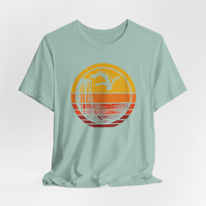 Retro Sunset Cliff Jumping T-Shirt - Outdoorsy Distressed Vintage Sunset Silhouette Adventure Shirt