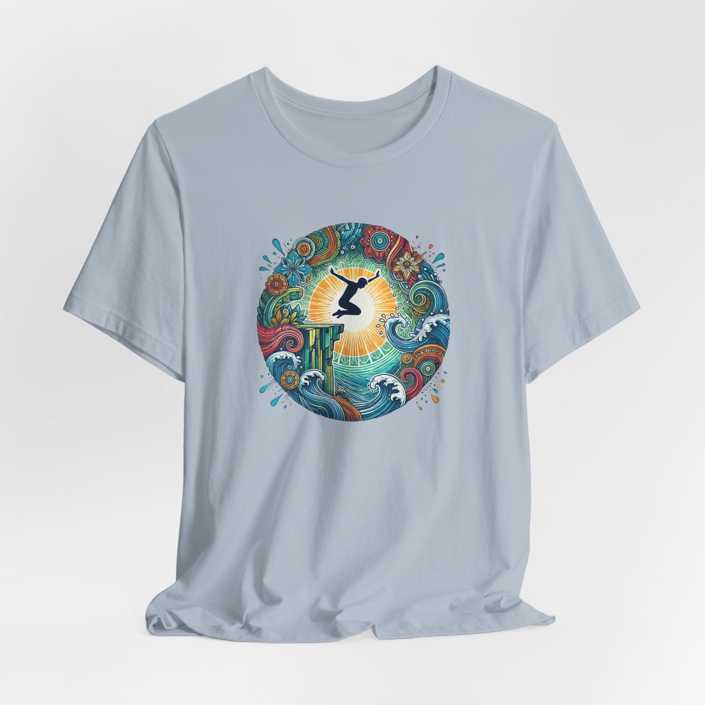 Mandala Style Cliff Jumping T-shirt for Outdoor Enthusiast - Colorful Mandala Art Design