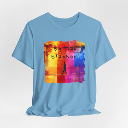 "Big Time Slacker" Colorful Abstract Slackline T-shirt | Slackline Highline Shirt - Rainbow Cubic Splatter Paint Design