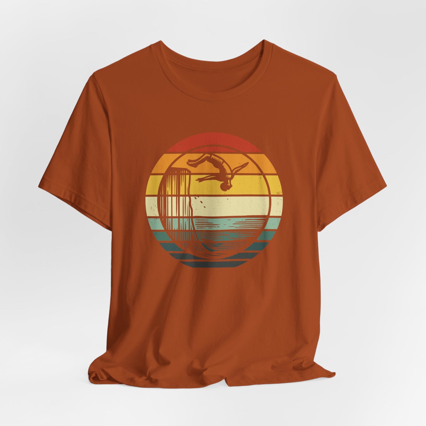 Retro Sunset Cliff Jumping T-Shirt - Outdoorsy Distressed Vintage Sunset Silhouette Adventure Shirt