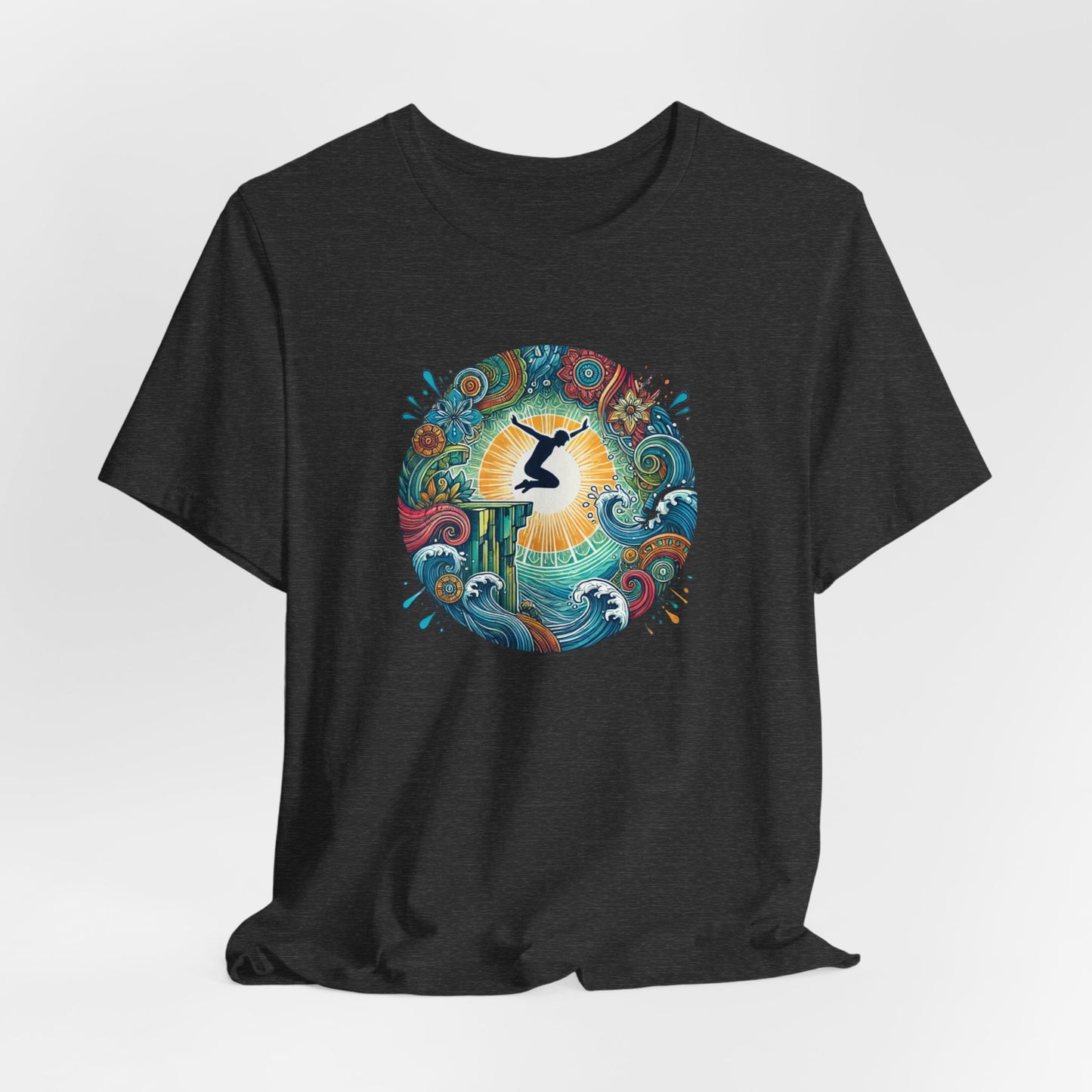 Mandala Style Cliff Jumping T-shirt for Outdoor Enthusiast - Colorful Mandala Art Design