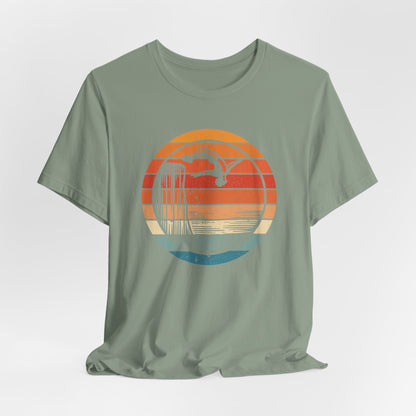 Retro Sunset Cliff Jumping T-Shirt - Outdoorsy Distressed Vintage Sunset Silhouette Adventure Shirt