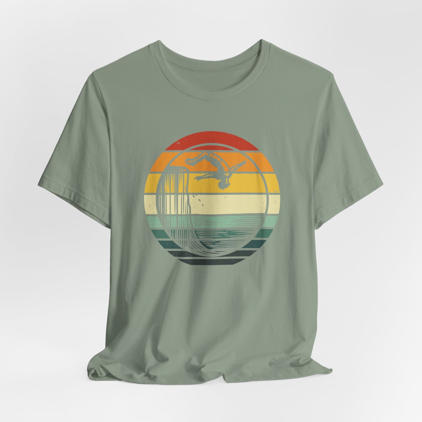 Retro Sunset Cliff Jumping T-Shirt - Outdoorsy Distressed Vintage Sunset Silhouette Adventure Shirt