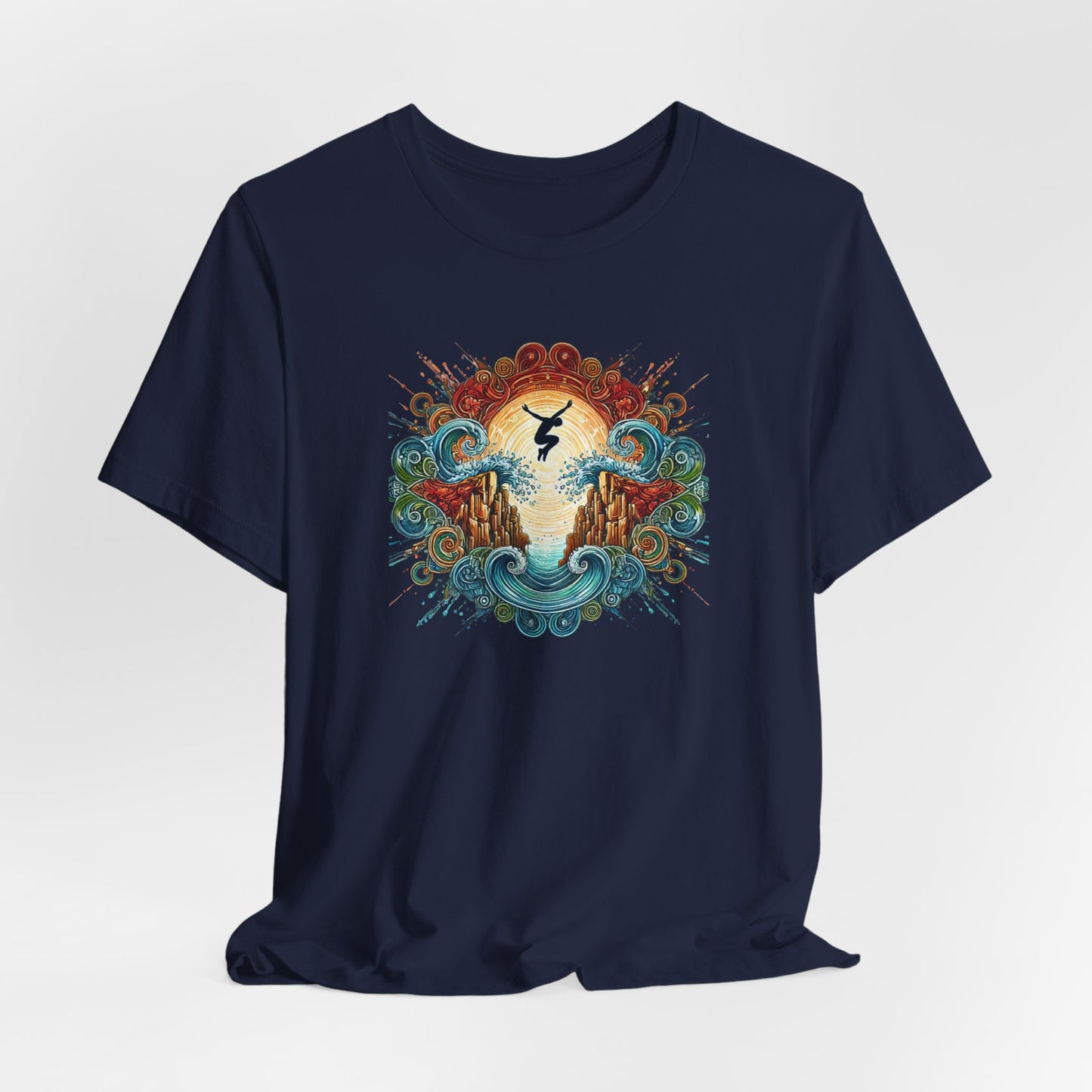 Mandala Style Cliff Jumping T-shirt for Outdoor Enthusiast - Colorful Mandala Art Design