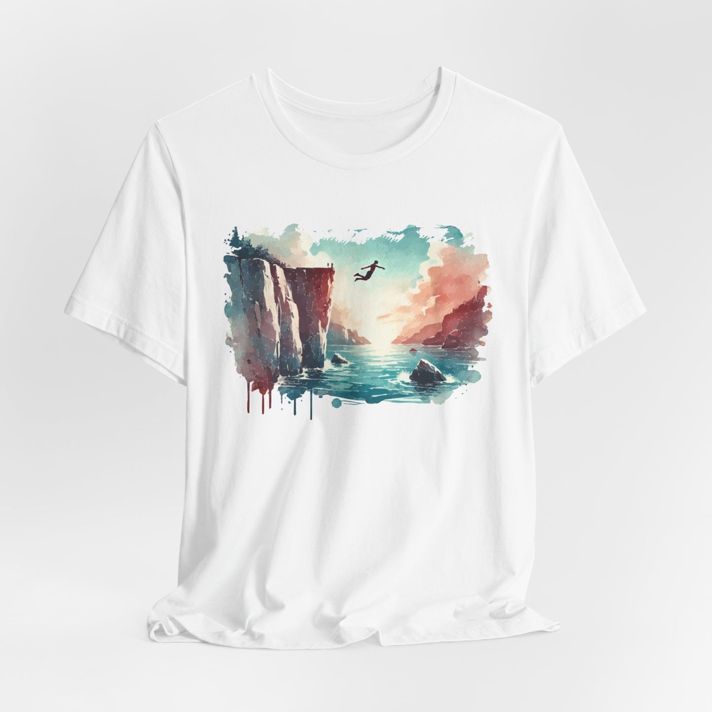 Watercolor Cliff Jumping T-Shirt with Dreamy Adventure Design