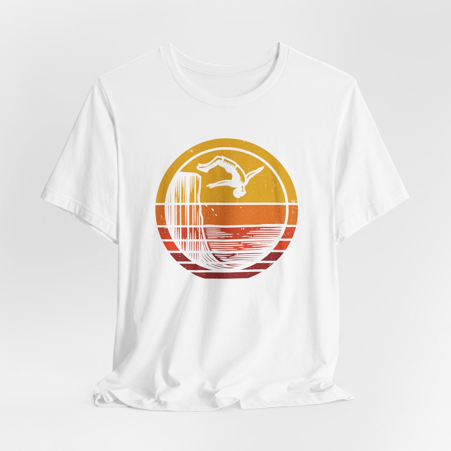 Retro Sunset Cliff Jumping T-Shirt - Outdoorsy Distressed Vintage Sunset Silhouette Adventure Shirt