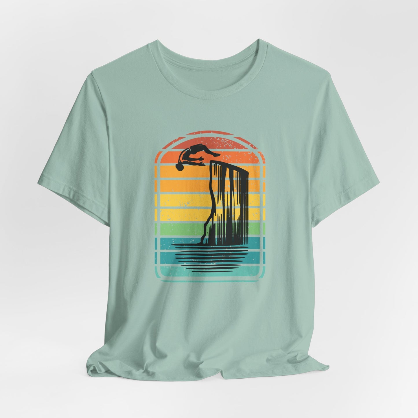 Retro Rainbow Cliff Jumping Silhouette T-Shirt - Outdoorsy Vintage Adventure Shirt