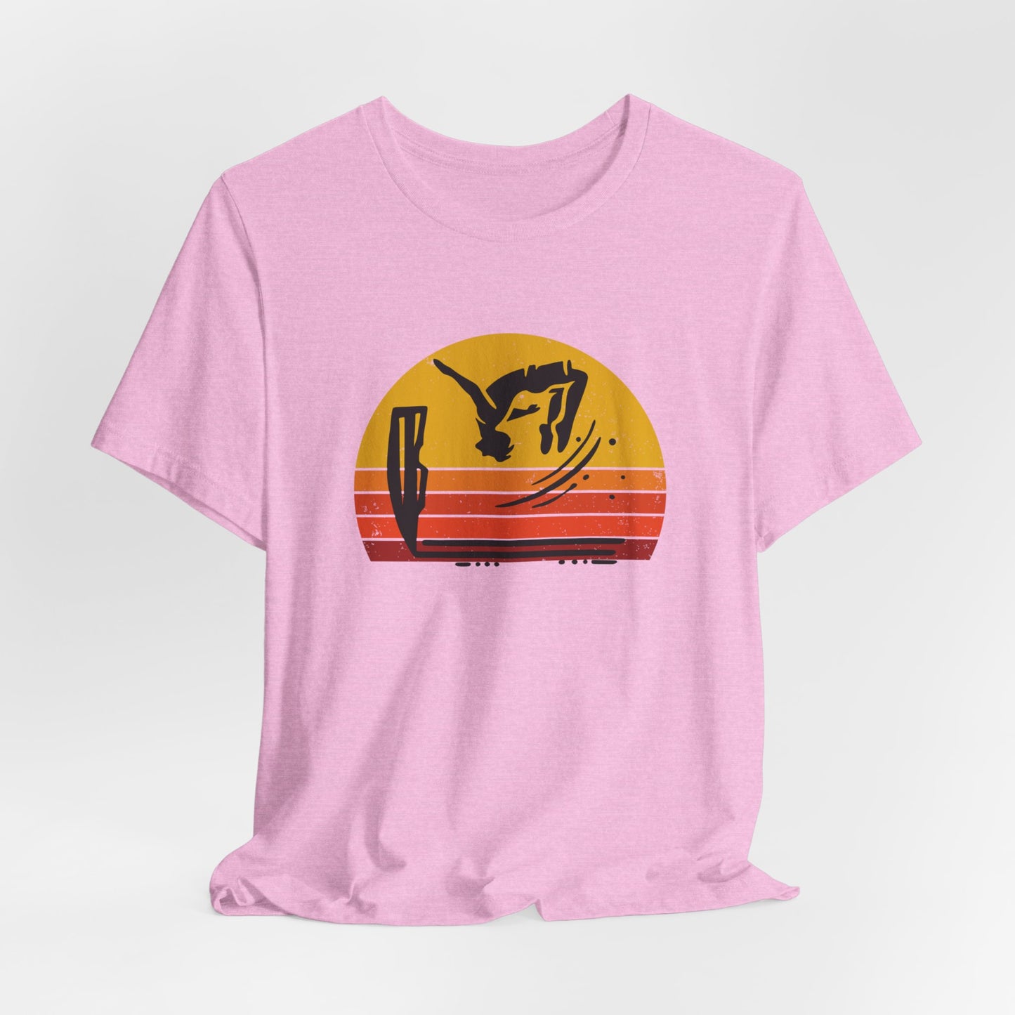 Retro Sunset Cliff Jumping T-Shirt - Outdoorsy Distressed Vintage Sunset Silhouette Adventure Shirt