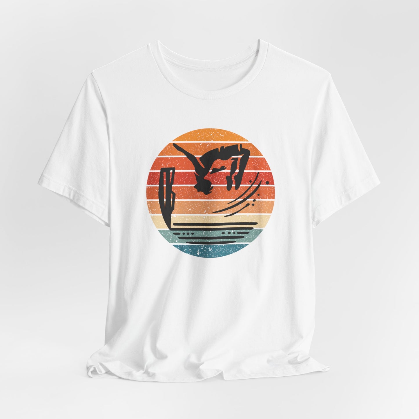 Retro Sunset Cliff Jumping T-Shirt - Outdoorsy Distressed Vintage Sunset Silhouette Adventure Shirt