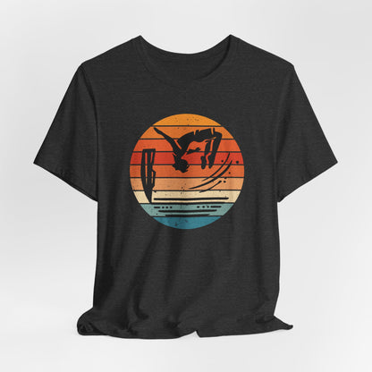 Retro Sunset Cliff Jumping T-Shirt - Outdoorsy Distressed Vintage Sunset Silhouette Adventure Shirt