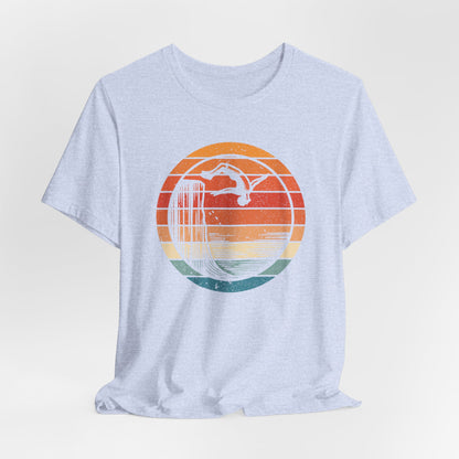 Retro Sunset Cliff Jumping T-Shirt - Outdoorsy Distressed Vintage Sunset Silhouette Adventure Shirt