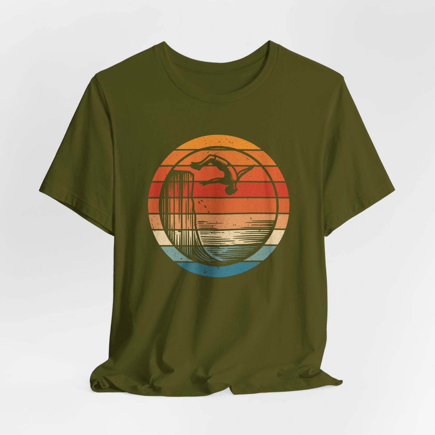 Retro Sunset Cliff Jumping T-Shirt - Outdoorsy Distressed Vintage Sunset Silhouette Adventure Shirt