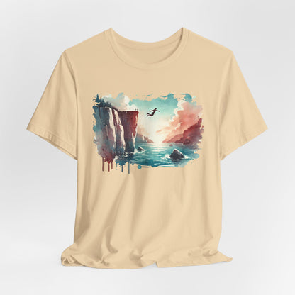 Watercolor Cliff Jumping T-Shirt with Dreamy Adventure Design