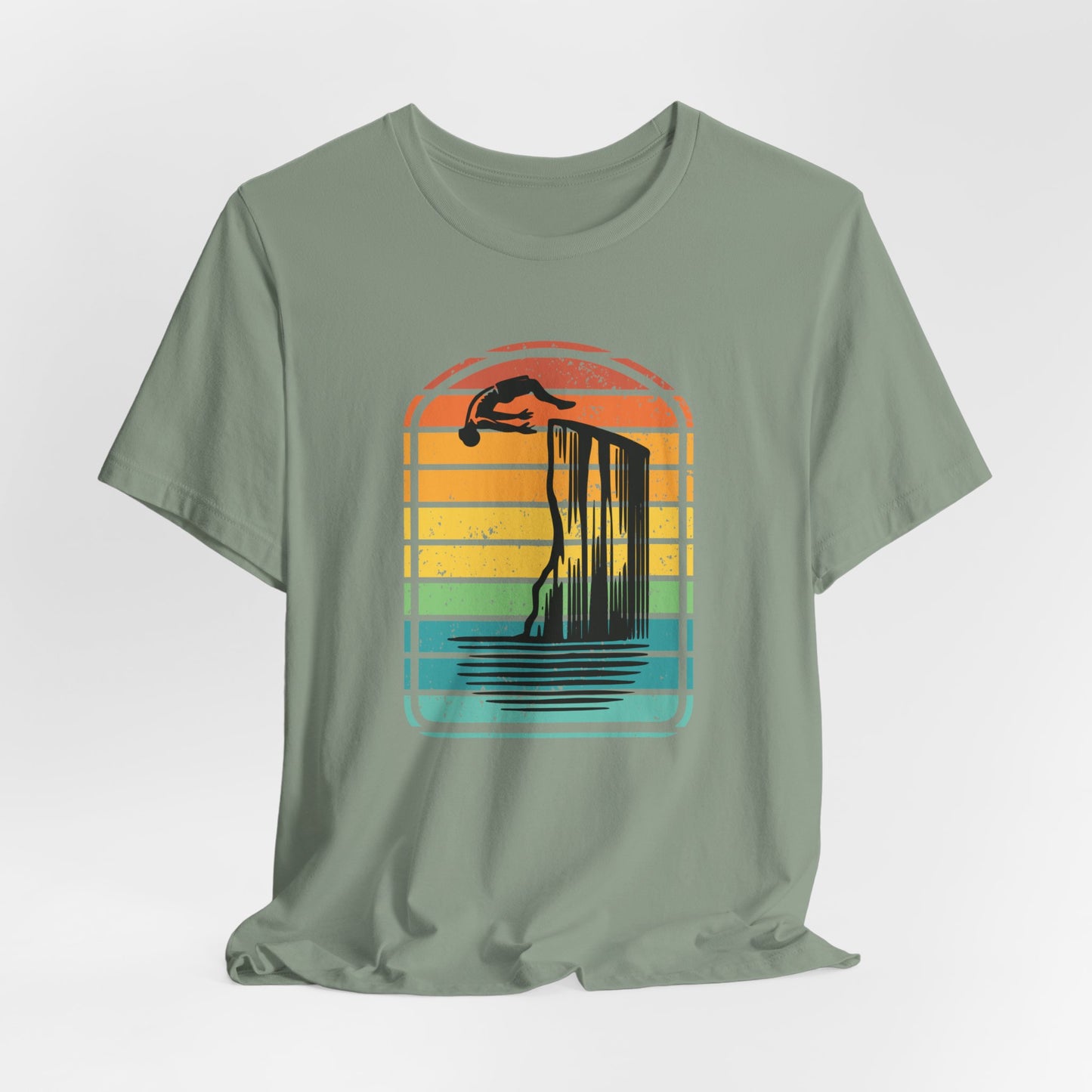 Retro Rainbow Cliff Jumping Silhouette T-Shirt - Outdoorsy Vintage Adventure Shirt