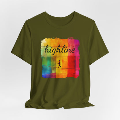 "Highline" Colorful Abstract Highline T-shirt | Highline Shirt - Rainbow Cubic Splatter Paint Design