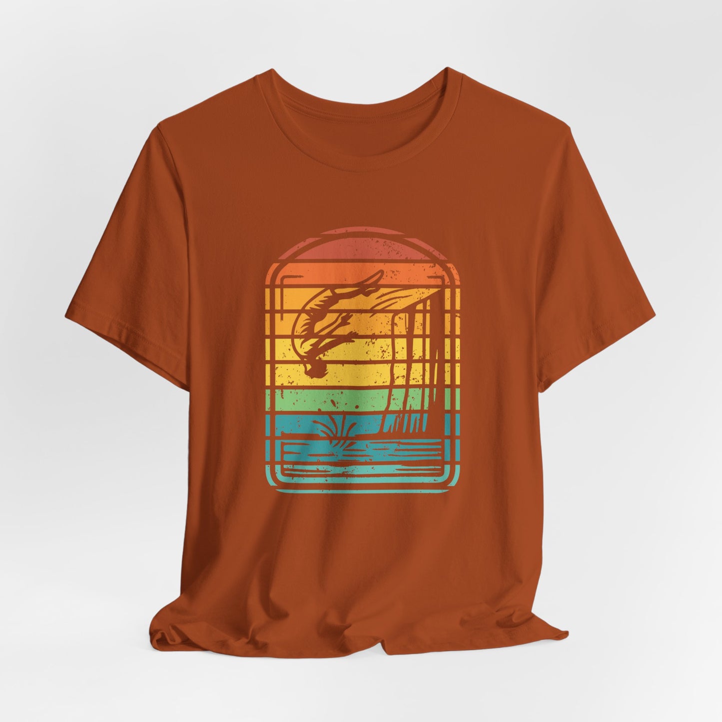 Retro Rainbow Cliff Jumping Silhouette T-Shirt - Outdoorsy Vintage Adventure Shirt