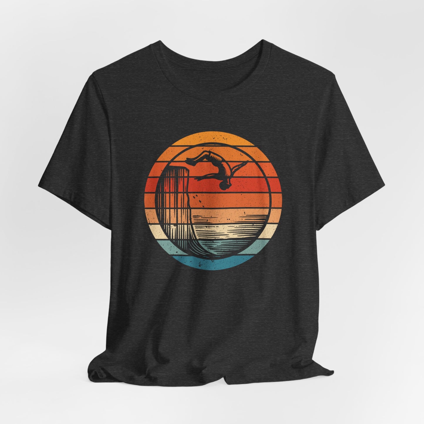 Retro Sunset Cliff Jumping T-Shirt - Outdoorsy Distressed Vintage Sunset Silhouette Adventure Shirt