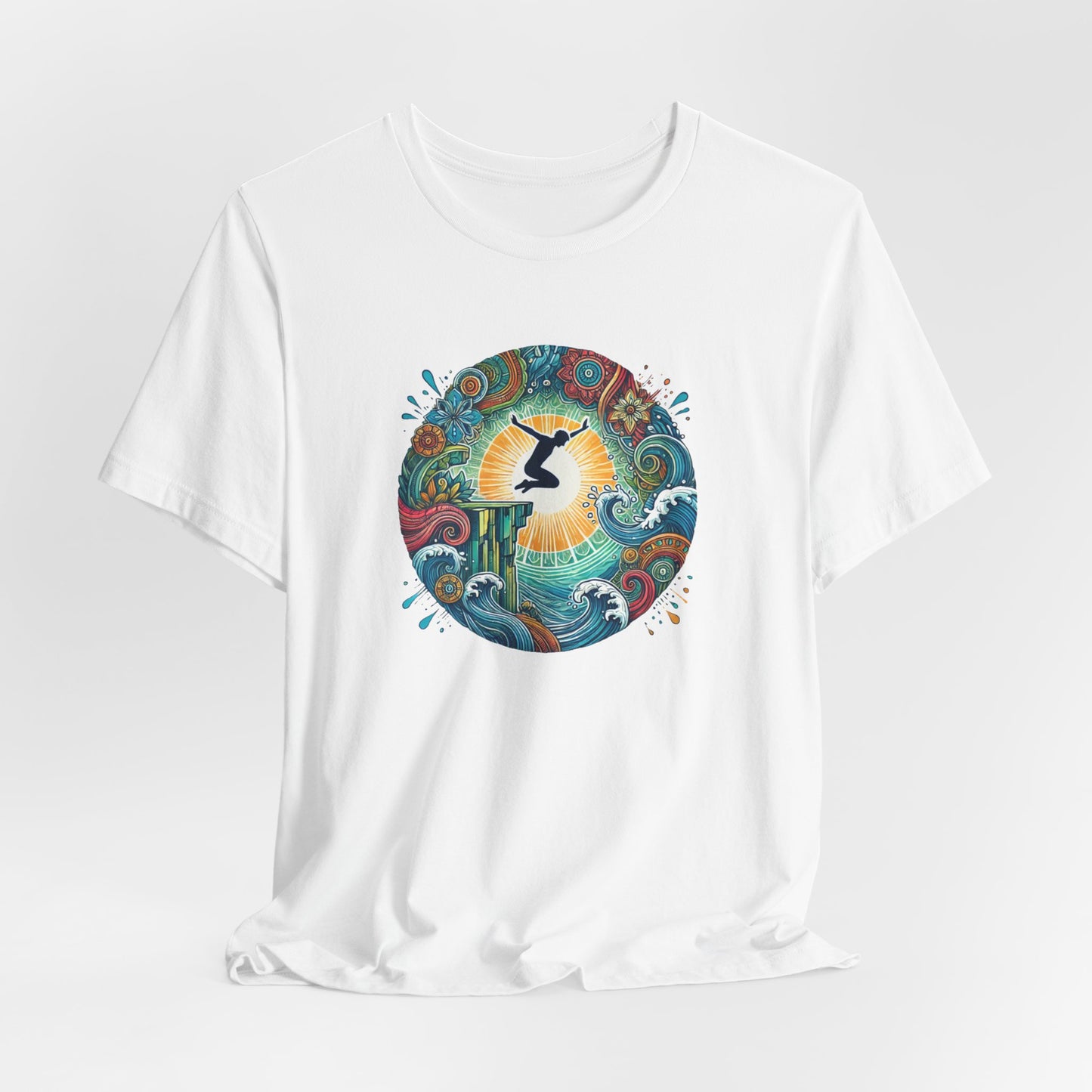 Mandala Style Cliff Jumping T-shirt for Outdoor Enthusiast - Colorful Mandala Art Design