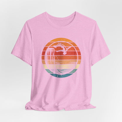 Retro Sunset Cliff Jumping T-Shirt - Outdoorsy Distressed Vintage Sunset Silhouette Adventure Shirt