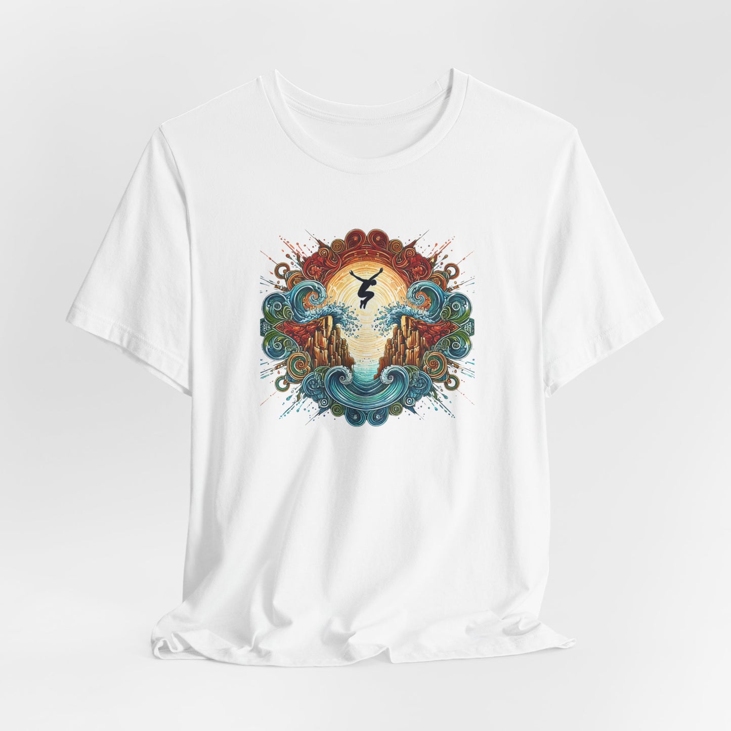 Mandala Style Cliff Jumping T-shirt for Outdoor Enthusiast - Colorful Mandala Art Design