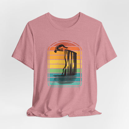 Retro Rainbow Cliff Jumping Silhouette T-Shirt - Outdoorsy Vintage Adventure Shirt