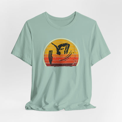 Retro Sunset Cliff Jumping T-Shirt - Outdoorsy Distressed Vintage Sunset Silhouette Adventure Shirt