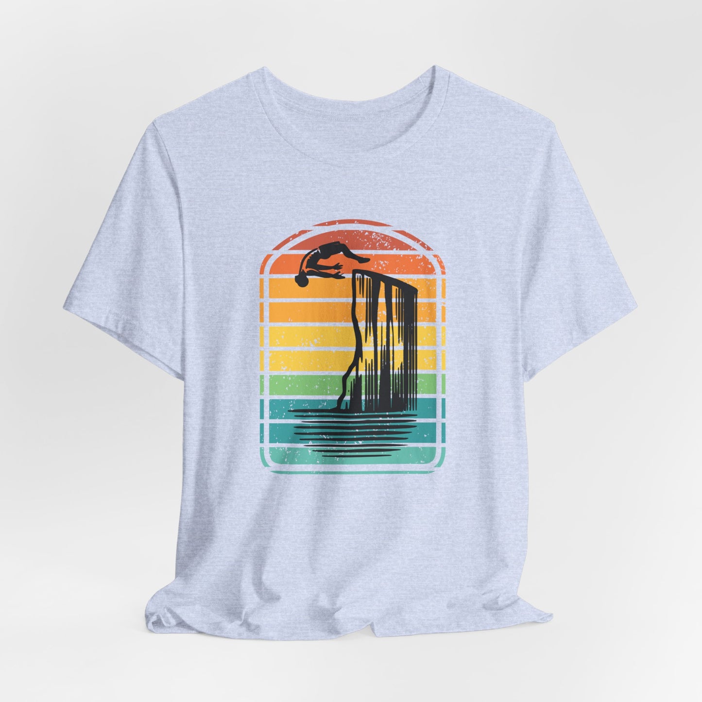 Retro Rainbow Cliff Jumping Silhouette T-Shirt - Outdoorsy Vintage Adventure Shirt