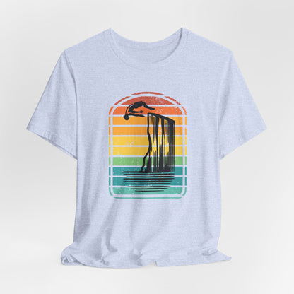 Retro Rainbow Cliff Jumping Silhouette T-Shirt - Outdoorsy Vintage Adventure Shirt