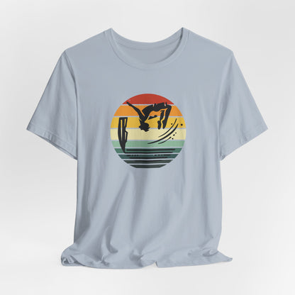 Retro Sunset Cliff Jumping T-Shirt - Outdoorsy Distressed Vintage Sunset Silhouette Adventure Shirt