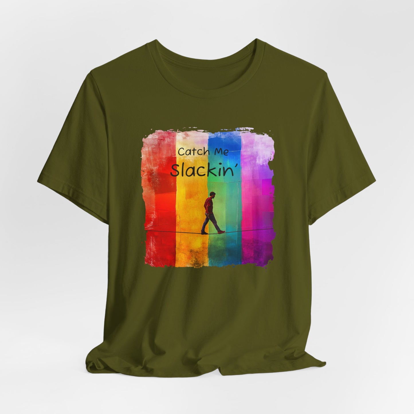 "Catch Me Slackin" Colorful Abstract Slackline T-shirt | Slackline Highline Shirt - Rainbow Cubic Splatter Paint Design