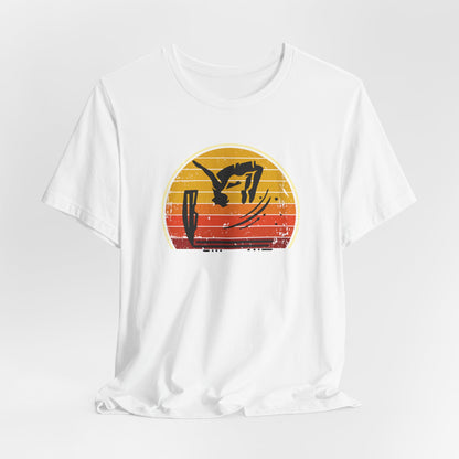 Retro Sunset Cliff Jumping T-Shirt - Outdoorsy Distressed Vintage Sunset Silhouette Adventure Shirt