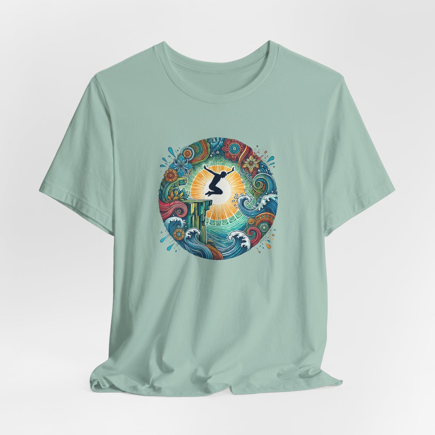 Mandala Style Cliff Jumping T-shirt for Outdoor Enthusiast - Colorful Mandala Art Design