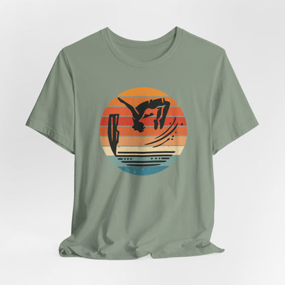 Retro Sunset Cliff Jumping T-Shirt - Outdoorsy Distressed Vintage Sunset Silhouette Adventure Shirt