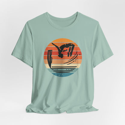 Retro Sunset Cliff Jumping T-Shirt - Outdoorsy Distressed Vintage Sunset Silhouette Adventure Shirt