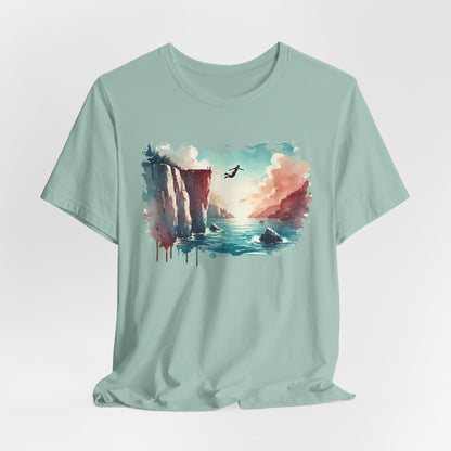 Watercolor Cliff Jumping T-Shirt with Dreamy Adventure Design