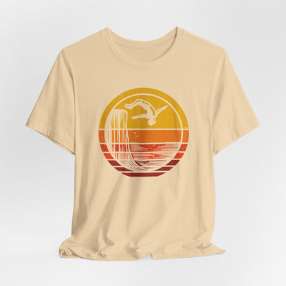 Retro Sunset Cliff Jumping T-Shirt - Outdoorsy Distressed Vintage Sunset Silhouette Adventure Shirt