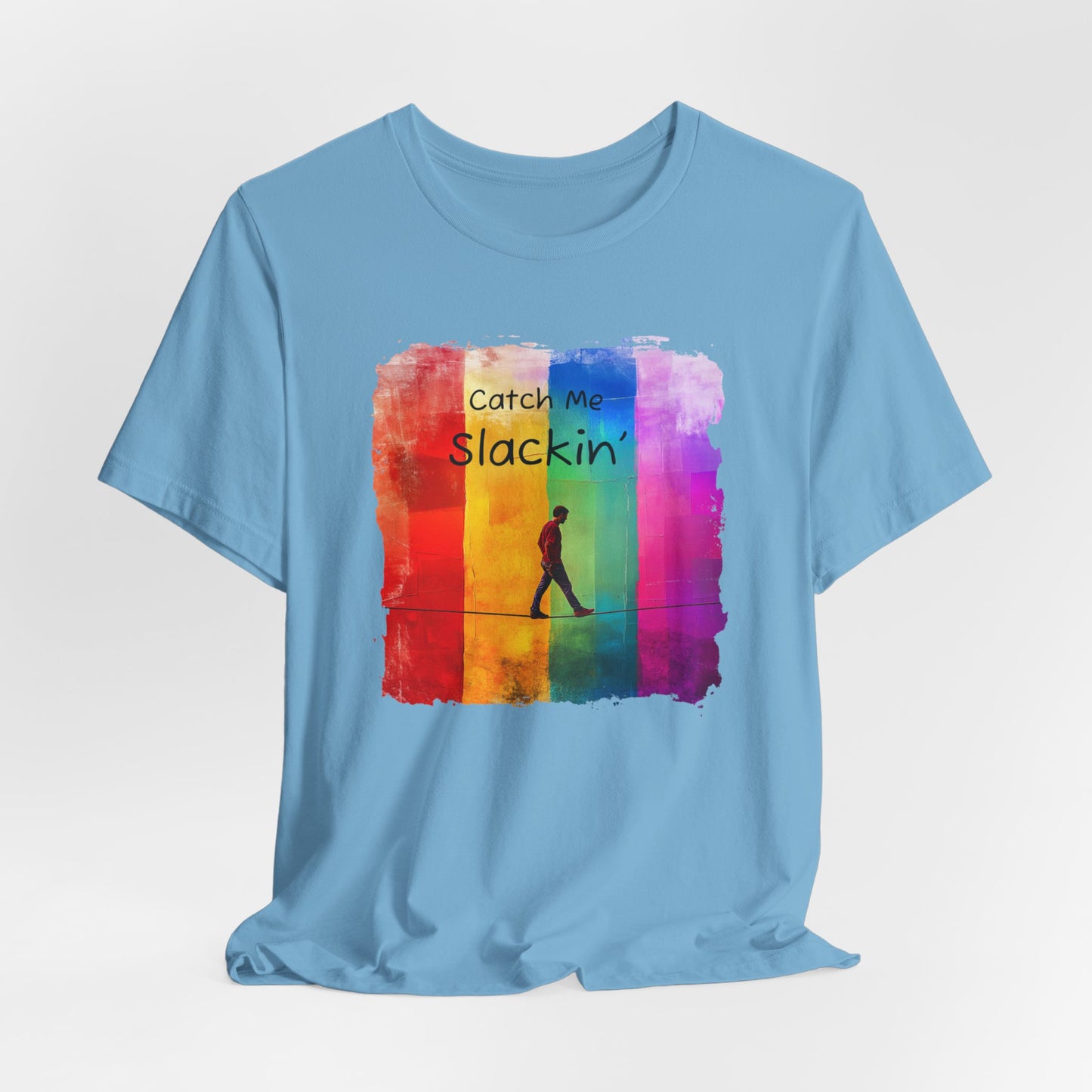 "Catch Me Slackin" Colorful Abstract Slackline T-shirt | Slackline Highline Shirt - Rainbow Cubic Splatter Paint Design