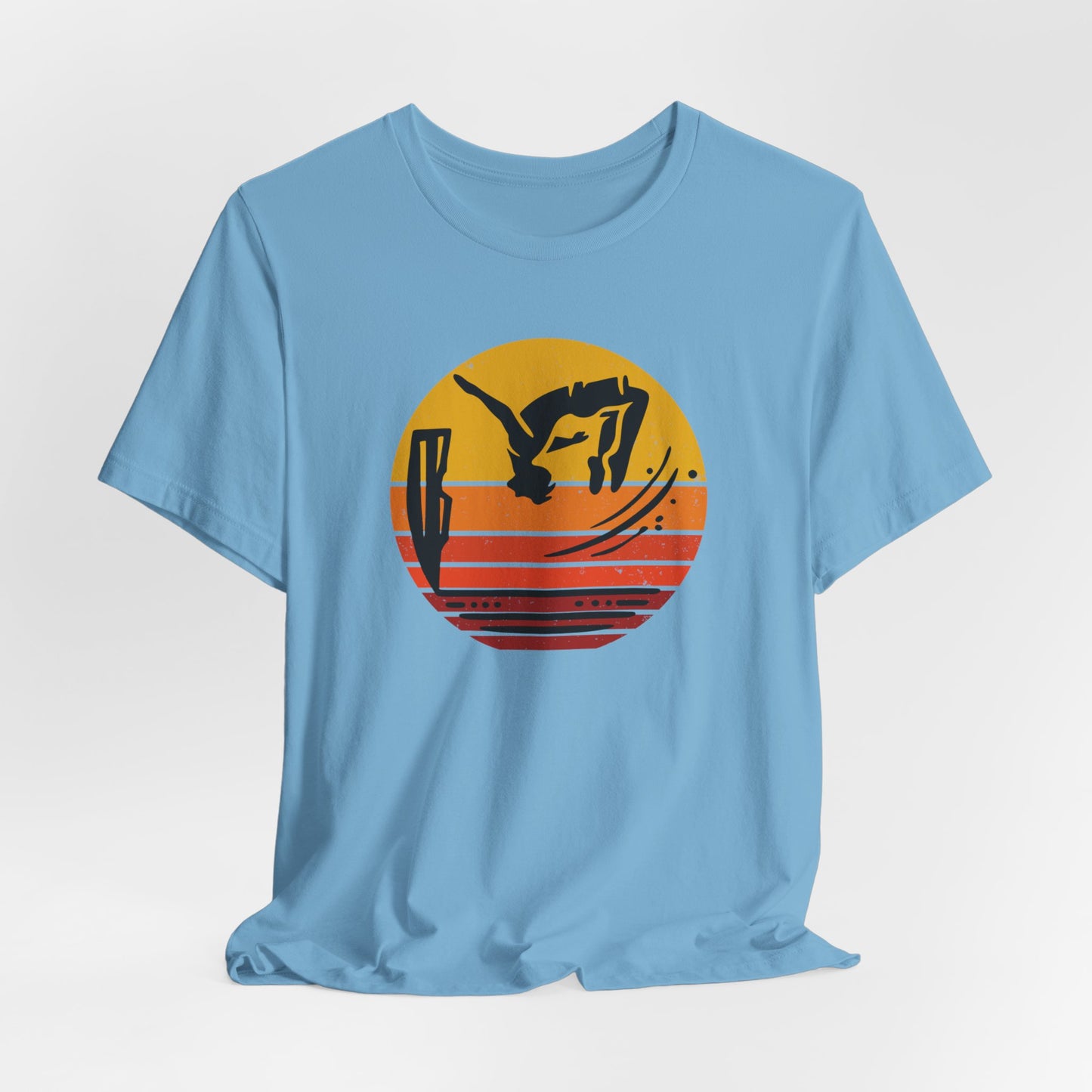 Retro Sunset Cliff Jumping T-Shirt - Outdoorsy Distressed Vintage Sunset Silhouette Adventure Shirt