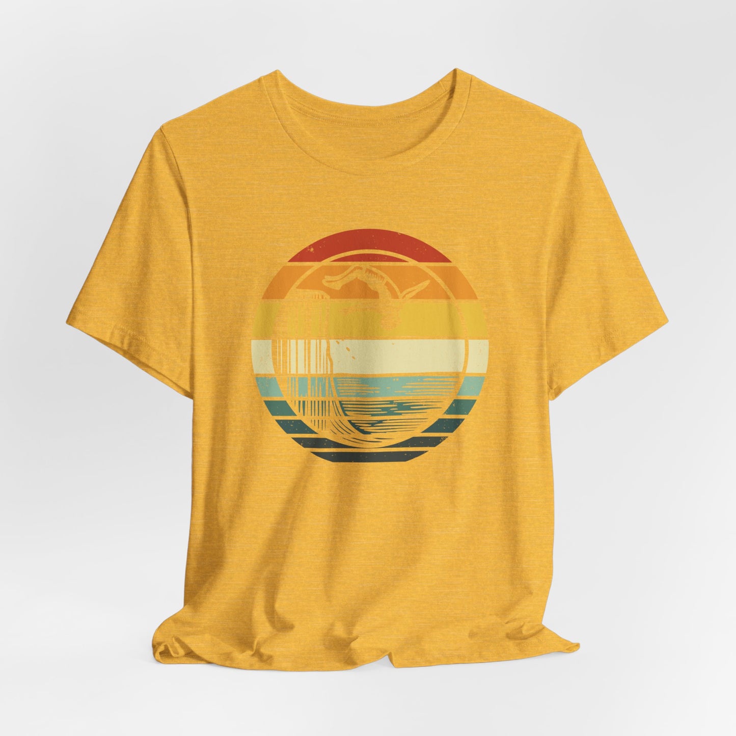 Retro Sunset Cliff Jumping T-Shirt - Outdoorsy Distressed Vintage Sunset Silhouette Adventure Shirt