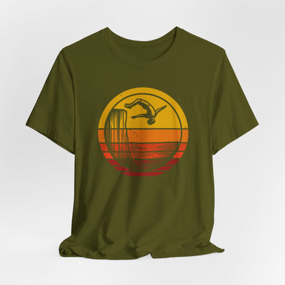 Retro Sunset Cliff Jumping T-Shirt - Outdoorsy Distressed Vintage Sunset Silhouette Adventure Shirt