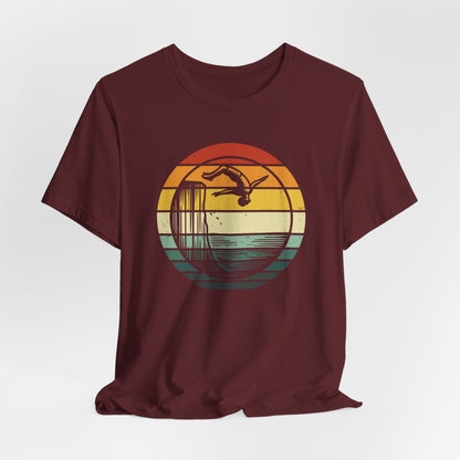 Retro Sunset Cliff Jumping T-Shirt - Outdoorsy Distressed Vintage Sunset Silhouette Adventure Shirt