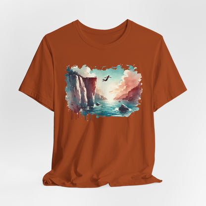 Watercolor Cliff Jumping T-Shirt with Dreamy Adventure Design