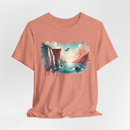 Watercolor Cliff Jumping T-Shirt with Dreamy Adventure Design