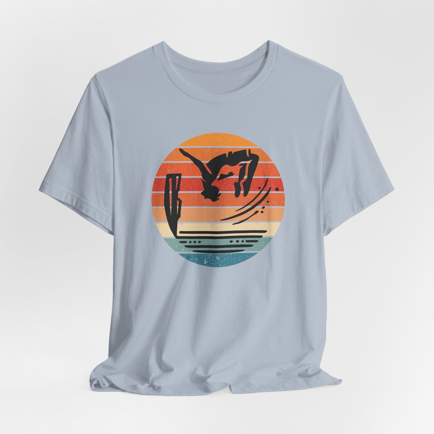 Retro Sunset Cliff Jumping T-Shirt - Outdoorsy Distressed Vintage Sunset Silhouette Adventure Shirt