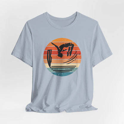 Retro Sunset Cliff Jumping T-Shirt - Outdoorsy Distressed Vintage Sunset Silhouette Adventure Shirt