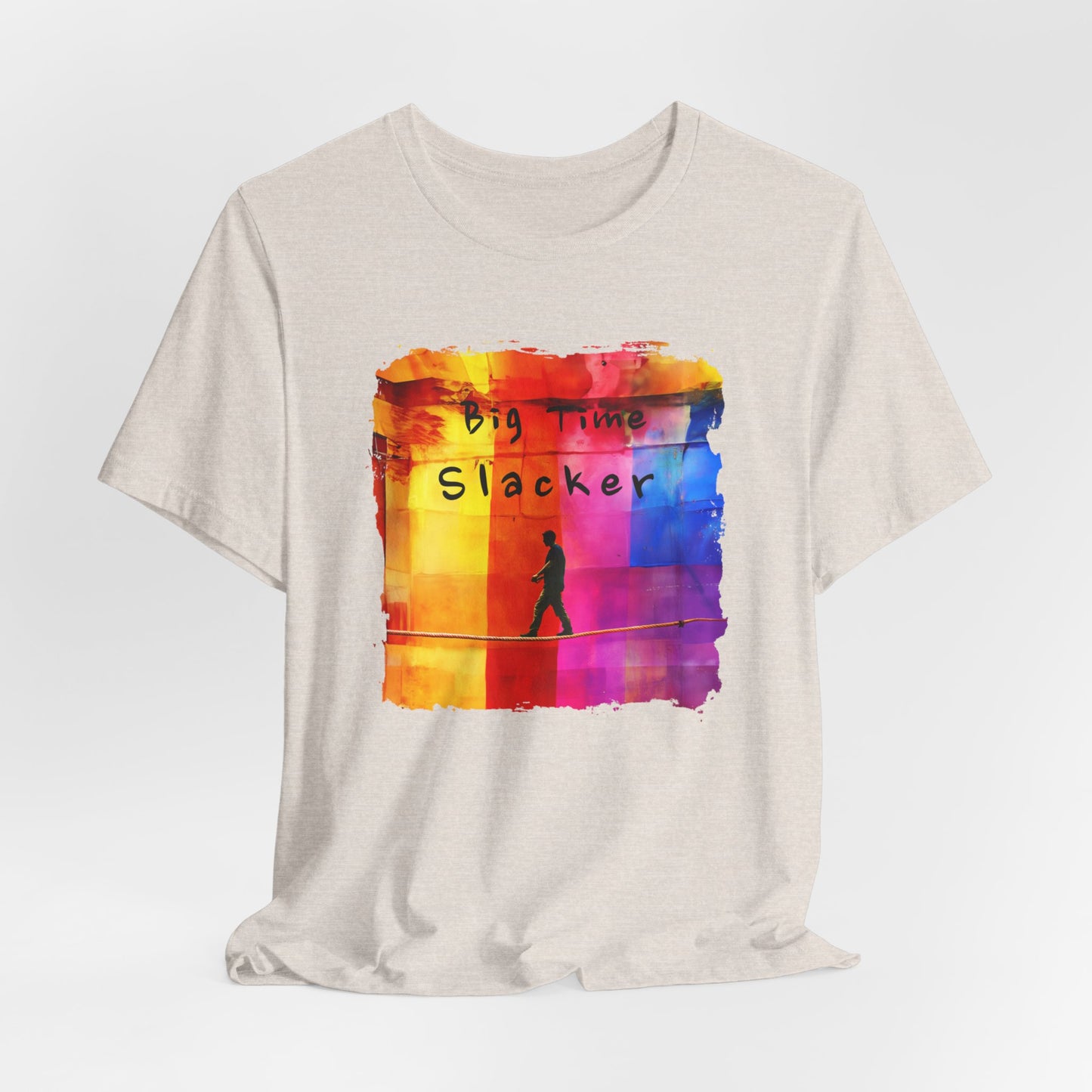 "Big Time Slacker" Colorful Abstract Slackline T-shirt | Slackline Highline Shirt - Rainbow Cubic Splatter Paint Design