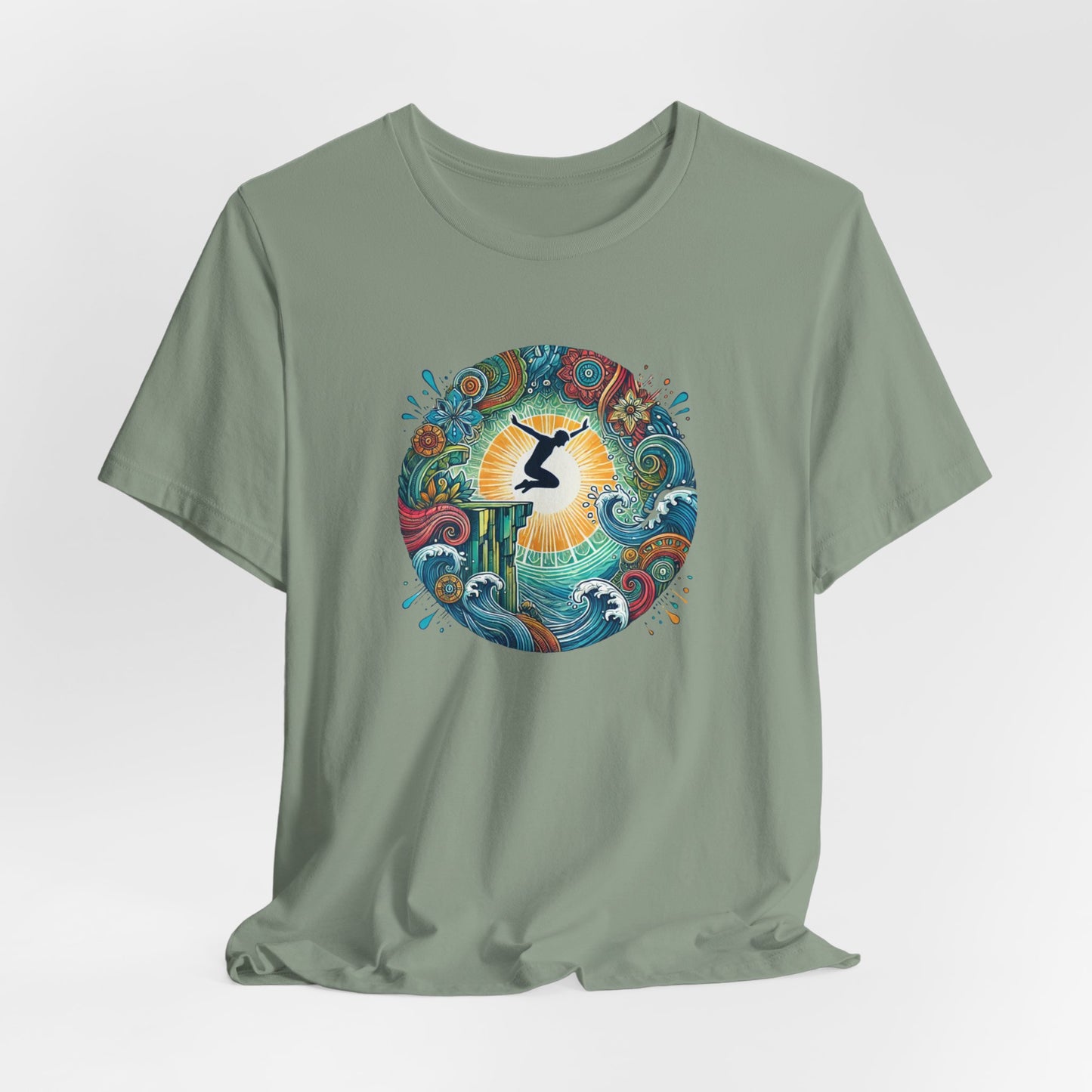 Mandala Style Cliff Jumping T-shirt for Outdoor Enthusiast - Colorful Mandala Art Design