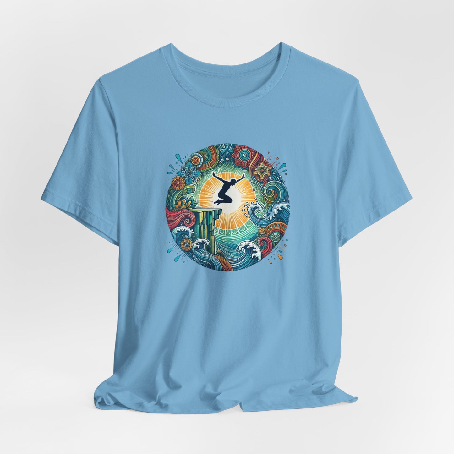 Mandala Style Cliff Jumping T-shirt for Outdoor Enthusiast - Colorful Mandala Art Design