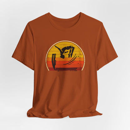 Retro Sunset Cliff Jumping T-Shirt - Outdoorsy Distressed Vintage Sunset Silhouette Adventure Shirt